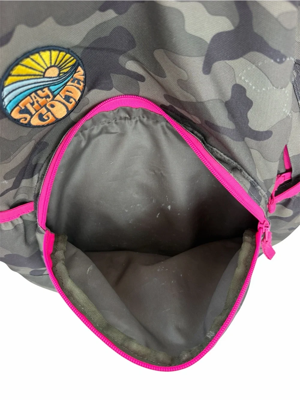 GAP Kids Gray Camo Backpack with Pink Trim and Heart Patch
